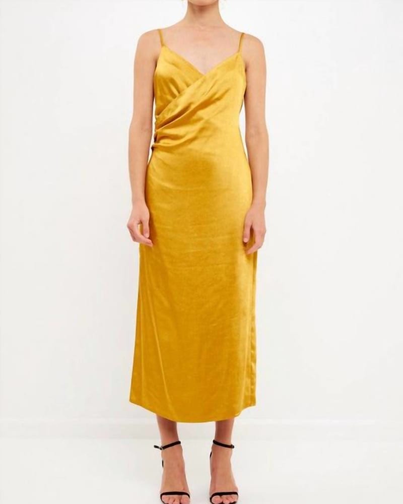 Front of a model wearing a size Large Good Satin Wrap Midi Dress In Gold in Gold by endless rose. | dia_product_style_image_id:342437